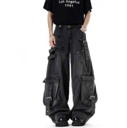 American Heavyweight Deconstructed Ribbon Cargo Jeans For Men And Women MaiBeast