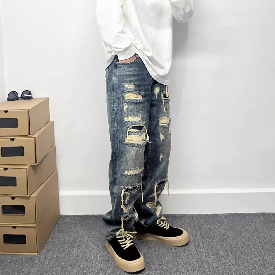 Casual Stylish Ripped Patch Jeans-loose fit. MaiBeast