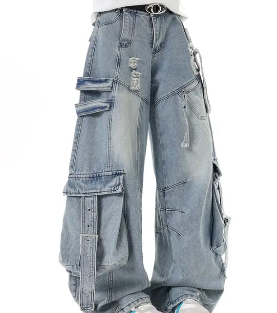 American Heavyweight Deconstructed Ribbon Cargo Jeans For Men And Women MaiBeast